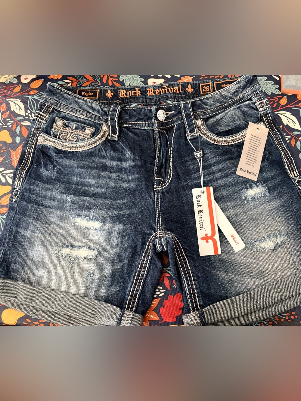 Rock Revival Dark Blue Distressed Cropped Short Jeans- Kaylee NWT size 28